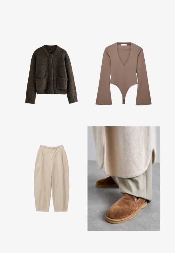 Brun struktureret cardigan med rund halsudskæring, forreste knapper og to påsyede lommer. Lavet af vævet materiale med en blød finish.; Langærmet taupe bodysuit med dyb V-hals og tanga-stil bund, fremstillet af glat, elastisk stof.; Beige bukser med høj talje og vide ben med plisseringer, bæltestropper og en frontsømm, vist på en hvid baggrund.; Brune ruskinds slip-on sko med rund tå, gummisul, og detaljer med udskæring i siden, parret med lyse beige skræddersyede bukser.