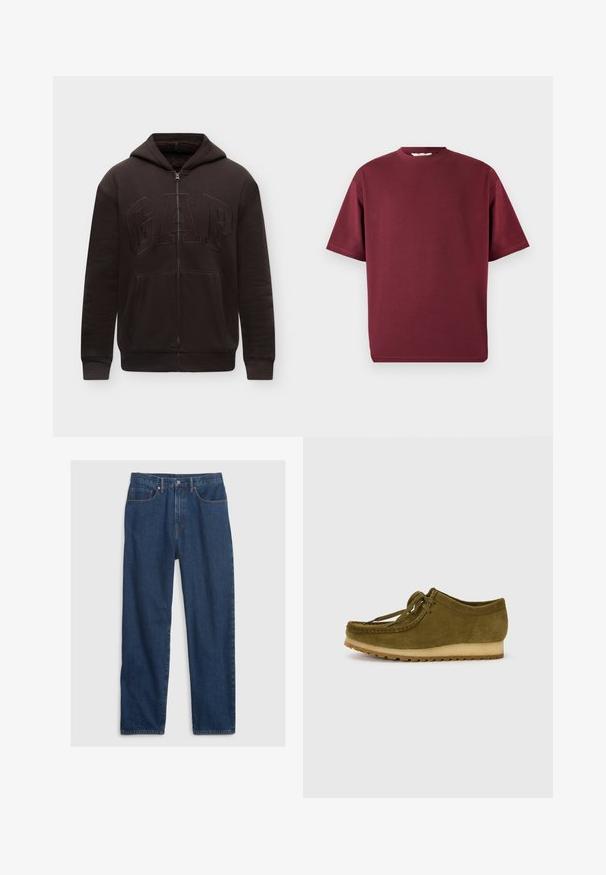 Zwarte zip-up hoodie met voorzakken, capuchon en verhoogd geborduurd GAP-logo op de borst, weergegeven tegen een eenvoudige lichte achtergrond.; Donkerrode T-shirt met korte mouwen en ronde hals in een relaxte pasvorm, weergegeven op een effen lichtgrijze achtergrond.; Donkerblauwe denim jeans met een rechte pasvorm, voorzien van vijf zakken, een bovenste knoop en koperen klinknagelaccenten.; Olijfgroene suède schoen met een ronde neus, vetersluiting en een lage, gestructureerde rubberen zool. Minimale stiknaad details langs de rand.