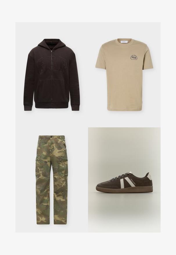 Sweat à capuche noir zippé avec poches avant, capuche et logo GAP brodé en relief sur la poitrine, présenté sur un fond clair uni.; T-shirt beige à manches courtes avec col rond et petit logo sportif noir sur la poitrine gauche indiquant "MOPD SPORTS MARC O'POLO DENIM".; Pantalon cargo droit pour homme avec motif camouflage vert et marron et fermeture à bouton à la taille.; Basket en daim marron avec des bandes blanches, un renfort de talon blanc, une semelle gomme et le texte "JACK & JONES" sur le côté, présentée de profil sur un fond uni.