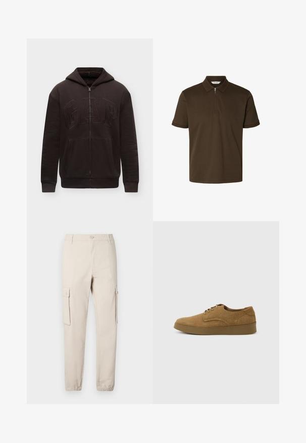 Sweat à capuche noir zippé avec poches avant, capuche et logo GAP brodé en relief sur la poitrine, présenté sur un fond clair uni.; Polo marron à manches courtes avec col zippé et détails texturés aux poignets des manches et au col.; Pantalon cargo beige avec deux poches latérales, une fermeture à boutons, des poignets élastiques et une coupe droite. Confectionné en tissu de coton résistant.; Chaussure décontractée à lacets en daim marron avec semelle en caoutchouc plate, vue de côté sur un fond clair uni.