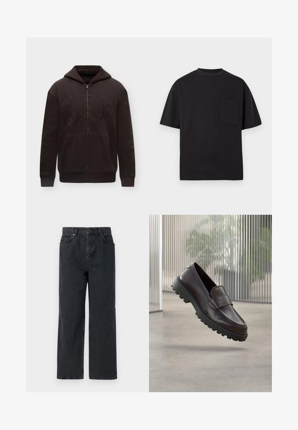 Zwarte zip-up hoodie met voorzakken, capuchon en verhoogd geborduurd GAP-logo op de borst, weergegeven tegen een eenvoudige lichte achtergrond.; Zwarte T-shirt met korte mouwen van katoen. Heeft een ronde hals en een enkel borstzakje. Eenvoudig, strak ontwerp zonder patronen.; Donkerblauwe denimbroek met een wijde pijp, vijf zakken en een knoopsluiting. Inclusief hardware in koperkleur en een subtiele textuur.; Bruine leren instapschoen met een afgeronde neus en een stevige zwarte rubberen zool. Voorzien van een decoratief bandje over de wreef.