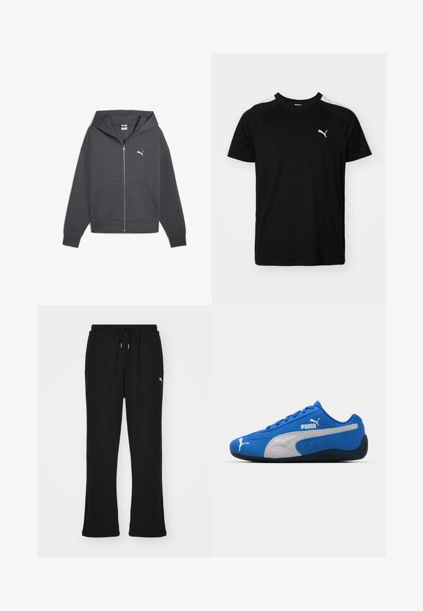 Hoodie zippé gris avec une grande poche avant, capuche ajustable et logo Puma blanc sur la poitrine gauche, fabriqué en tissu doux.; T-shirt noir à manches courtes avec des rayures blanches sur les épaules, col rond et petit logo blanc sur la poitrine gauche. Tissu doux, coupe classique.; Pantalons de survêtement noirs avec taille élastique et cordon de serrage, dotés de poches latérales et d'un logo discret sur la jambe gauche. Tissu doux, forme évasée.; Baskets de sport bleues avec un dessus en daim, présentant un panneau latéral blanc et une semelle en caoutchouc noire. Comprend un logo PUMA surélevé sur le côté.