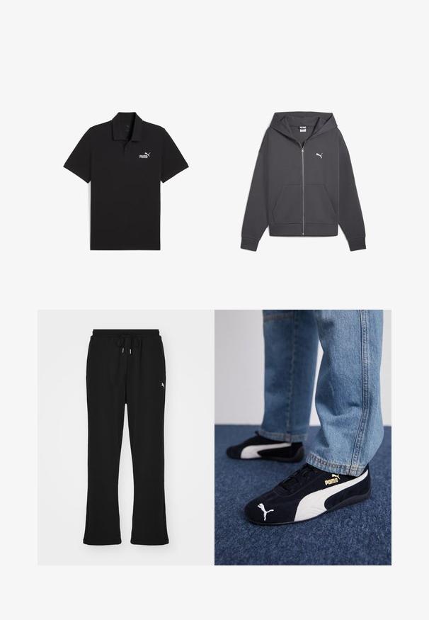 Graue Zip-Hoodie mit großer Fronttasche, verstellbare Kapuze und weißem Puma-Logo auf der linken Brust, aus weichem Stoff gefertigt.; Schwarzes Polohemd aus Baumwolle mit klassischem Kragen, kurzen Ärmeln und einem weißen Puma-Logo auf der linken Brust. Glatte Textur.; Schwarze Jogginghosen mit elastischem Bund und Kordelzug, ausgestattet mit Seitentaschen und einem dezenten Logo am linken Bein. Weicher Stoff, schmal zulaufende Form.; Schwarze Wildledersneaker mit weißen Akzenten und einem goldenen Logo. Getragen mit hellblauen Jeans und auf einer strukturierten blauen Oberfläche platziert.