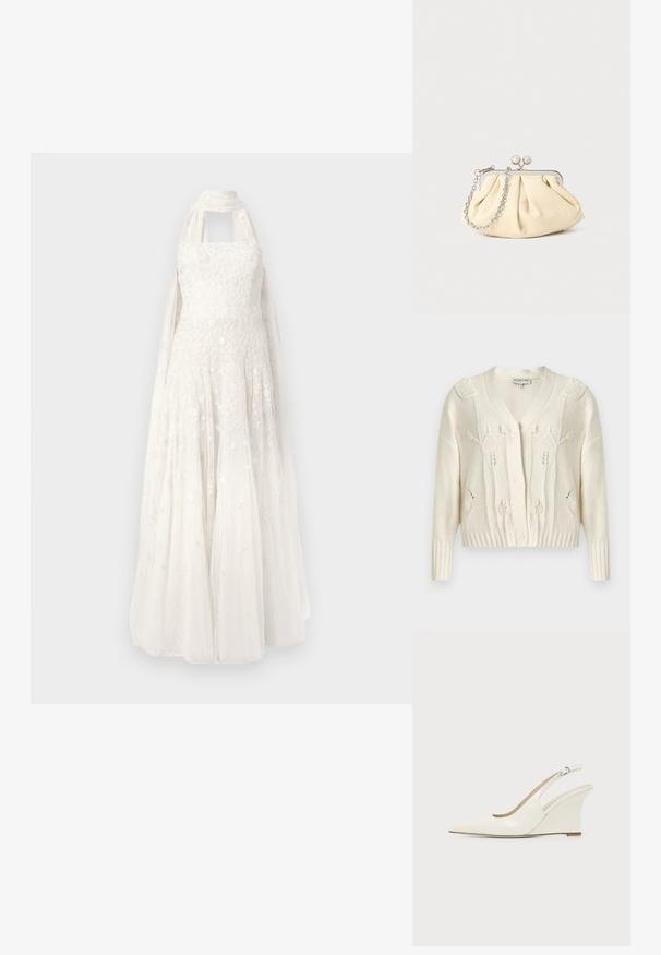 Kremfarvet strikket cardigan med blomstrede kabelmønstre, V-hals, lange ærmer, ribstrikkede manchetter og kant samt knaplukning foran.; Hvid stropløs kjole med blomstret blonder overlay, tætsiddende overdel, fyldig nederdel og fastgjort halterneck tørklæde.; Hvid patentlæder kilehælssandalette med spids tå og justerbar spænde rem på ensfarvet baggrund.; Plisseret beige læderclutch med en sølvmetalramme, der har to runde dekorative låse og en sølvkædetrasporte.