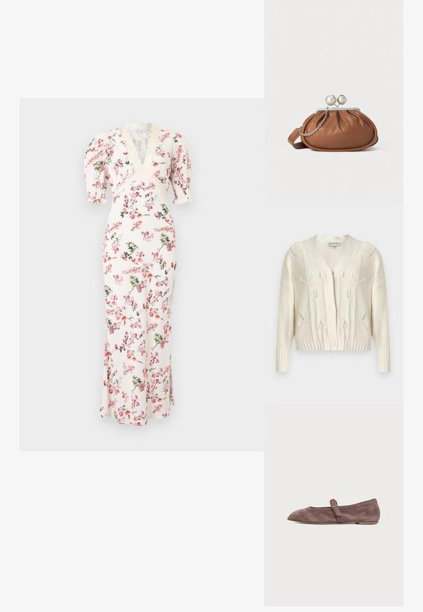 Kremfarvet strikket cardigan med blomstrede kabelmønstre, V-hals, lange ærmer, ribstrikkede manchetter og kant samt knaplukning foran.; Hvid maxikjole med pink og grøn blomsterprint, V-udskæring, blonderkant og puffede halværmer.; Brun ruskinds-Mary Jane-sko med flad hæl, spids tå og en lille guldbøjle på hvid baggrund.; Brun læder clutch-pung med sølv kugleklap og en lille sølv kædedetalje på en hvid baggrund.