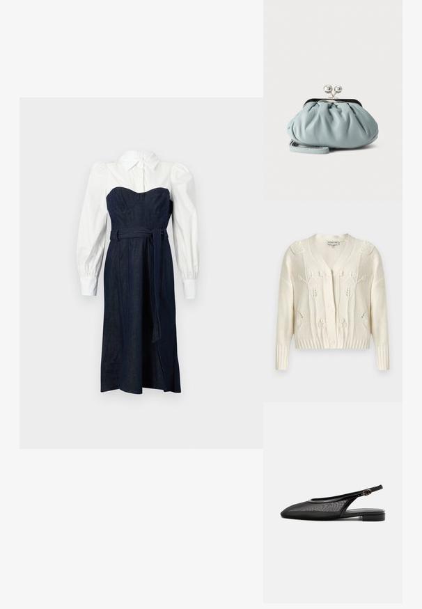 Crèmekleurig gebreid vest met bloemachtige kabelpatronen, V-hals, lange mouwen, geribbelde manchetten en zoom, en een knoopsluiting aan de voorkant.; Denim jurk met een gestructureerde donkerblauwe lijfje en witte overhemdstijl mouwen. Heeft een getailleerde taille en bijpassend strikceintuur.; Zwarte slingback platte schoen met puntige neus, mesh bovenwerk, verstelbare gespsluiting en lage gestapelde hak op witte achtergrond.; Kleine lichtblauwe leren muntenportemonnee met zilverkleurige metalen kiss-lock sluiting en kort polsbandje op een effen achtergrond.