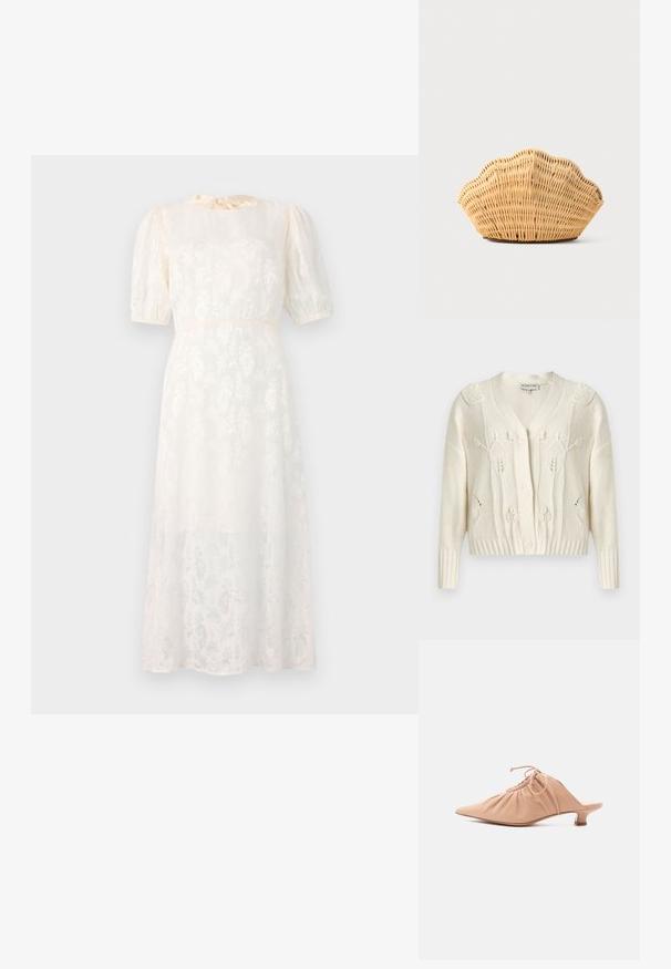 Crèmekleurig gebreid vest met bloemachtige kabelpatronen, V-hals, lange mouwen, geribbelde manchetten en zoom, en een knoopsluiting aan de voorkant.; Witte jurk met bloemenpatroon, gemaakt van lichte stof, met korte puffmouwen en een gestrikte halslijn, en een vloeiende, knielange Silhouet.; Beige leren damesmuiltje met puntige neus, geplooide bovenzijde, trekkoord en lage kittenheel, afgebeeld op witte achtergrond.; Geweven rotan handtas in de vorm van een sint-jakobsschelp met natuurlijke lichtbruine kleur en afgeronde, gestructureerde randen.