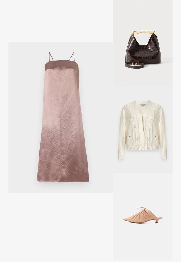 Kremfarvet strikket cardigan med blomstrede kabelmønstre, V-hals, lange ærmer, ribstrikkede manchetter og kant samt knaplukning foran.; Satin midi kjole i gradient nuancer af rose, med tynde stropper og en glat, let krøllet tekstur samt en lige silhuet.; Beige dames mule i læder med spids tå, rynket overdel, snøre og lav kittenhæl på hvid baggrund.; Mørkebrun håndtaske med krokodilletekstur, buet guldhåndtag og aftagelig matchende rem med gyldent lås, vist på hvid baggrund.