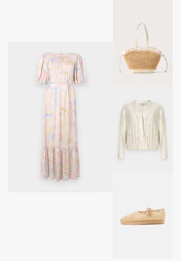 Kremfarvet strikket cardigan med blomstrede kabelmønstre, V-hals, lange ærmer, ribstrikkede manchetter og kant samt knaplukning foran.; Maxikjole i blødt stof med puffærmer, en sammensamlet halsudskæring, pastelfarvede blomsterprint og en bølget kant. Med bånd langs taljen.; Beige vævet flad sko med lukket tå, justerbar spænde rem og lav sål på hvid baggrund.; Beige flettet stråtote taske med cremefarvede læderhåndtag, kant og snore sider på en lysegrå baggrund.