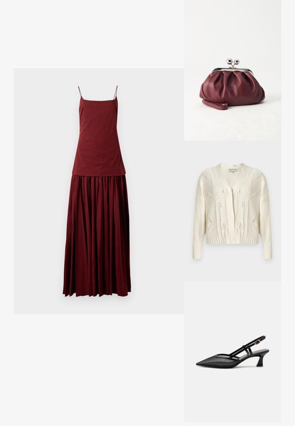 Cardigan en tricot écru avec motifs torsadés floraux, col en V, manches longues, poignets et ourlet côtelés, et fermeture à boutons sur le devant.; Robe sans manches bordeaux avec un haut ajusté et une jupe fluide plissée. Confectionnée en tissu léger, elle dispose de fines bretelles spaghetti.; Chaussure slingback noire à bout pointu avec tige en mesh, fines brides, boucle dorée et petit talon incurvé sur fond blanc.; Petit sac pochette en cuir bordeaux avec fermoir métallique argenté et bracelet sur fond blanc.
