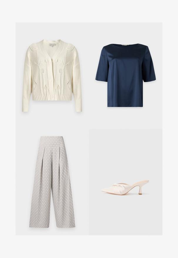 Cardigan en tricot écru avec motifs torsadés floraux, col en V, manches longues, poignets et ourlet côtelés, et fermeture à boutons sur le devant.; Blouse courte en satin bleu marine avec un col rond et une coupe ample, présentée sur un fond uni.; Pantalons larges gris clair avec un motif texturé ressemblant à de petits triangles, dotés d'une taille haute et de plis pour plus de structure.; Chaussure mule en tissu beige clair avec un design noué à l'avant, bout pointu et talon fin et effilé. Texture lisse dans l'ensemble.