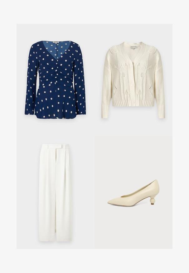 Cardigan en tricot écru avec motifs torsadés floraux, col en V, manches longues, poignets et ourlet côtelés, et fermeture à boutons sur le devant.; Blouse bleu marine à manches longues, ornée de pois blancs, avec un col en V et un détail froncé à l'avant. Tissu lisse avec un design fluide.; Pantalon blanc à jambes larges avec plis, passants pour ceinture et fermeture avant cachée, présenté sur un fond uni.; Chaussure femme couleur crème à bout pointu avec un petit talon rond en forme de boule, sur fond uni.