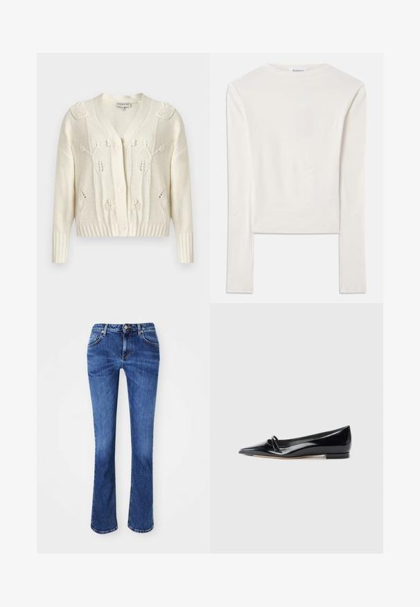 Cardigan en tricot écru avec motifs torsadés floraux, col en V, manches longues, poignets et ourlet côtelés, et fermeture à boutons sur le devant.; Haut à manches longues blanc en coton, dotée d'un col ras du cou simple et d'une coupe ajustée. Le tissu est lisse avec une légère élasticité.; Jean en denim bleu, avec une coupe droite, design à cinq poches, fermeture à bouton en laiton, et un léger délavage pour la texture.; Chaussure plate en cuir verni noir avec un bout pointu, une petite lanière décorative et un petit talon carré. Texture lisse et design épuré.