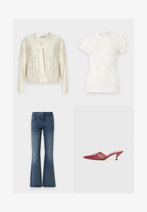 Kremfarvet strikket cardigan med blomstrede kabelmønstre, V-hals, lange ærmer, ribstrikkede manchetter og kant samt knaplukning foran.; Hvid ribstrikket t-shirt med korte ærmer, rund halsudskæring og let puffede ærmer.; Blå denim jeans med flare ben og en middelhøj talje, med for- og baglommer samt en subtil falmet vask.; Røde lædermules med spids tå og lav hæl, med udskårne sideaccenter og en glat tekstur. Slankt og strømlinet design.