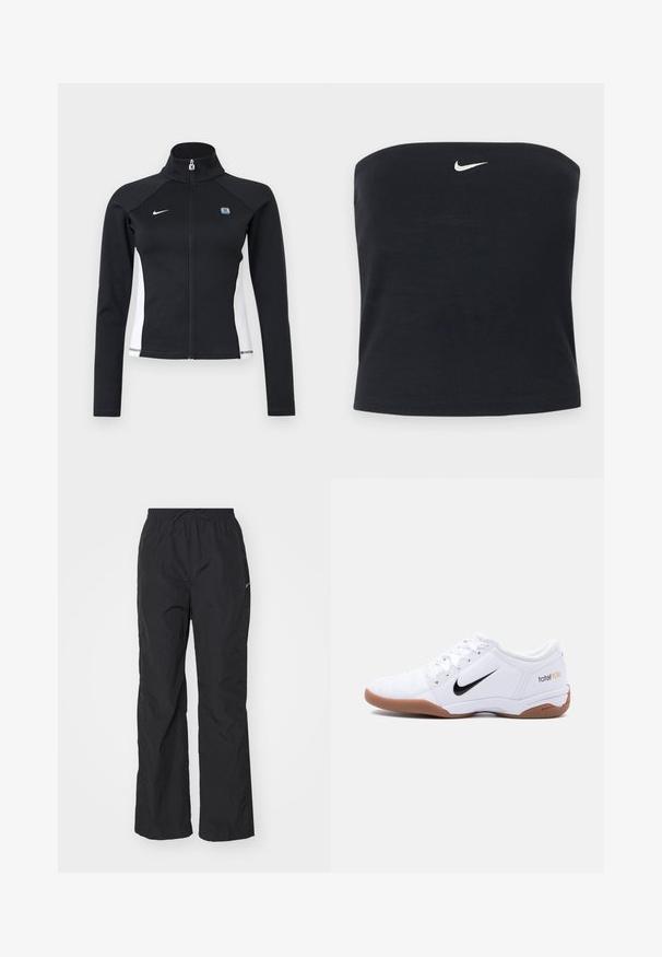 Zwart sportjack met volledige rits, witte zijpanelen, lange mouwen, hoge kraag en Nike-logo op de linkerborst.; Zwarte Nike strapless tube top met wit Swoosh-logo gecentreerd nabij de bovenrand, effen achtergrond.; Zwarte, lichtgewicht broek met een elastische tailleband en verstelbare trekkoord. Heeft een gestructureerde afwerking en een klein reflecterend logo aan de zijkant.; Witte Nike Total 90 III zaalvoetbalschoen met zwart swoosh-logo en gumzool, zijaanzicht op een effen achtergrond.