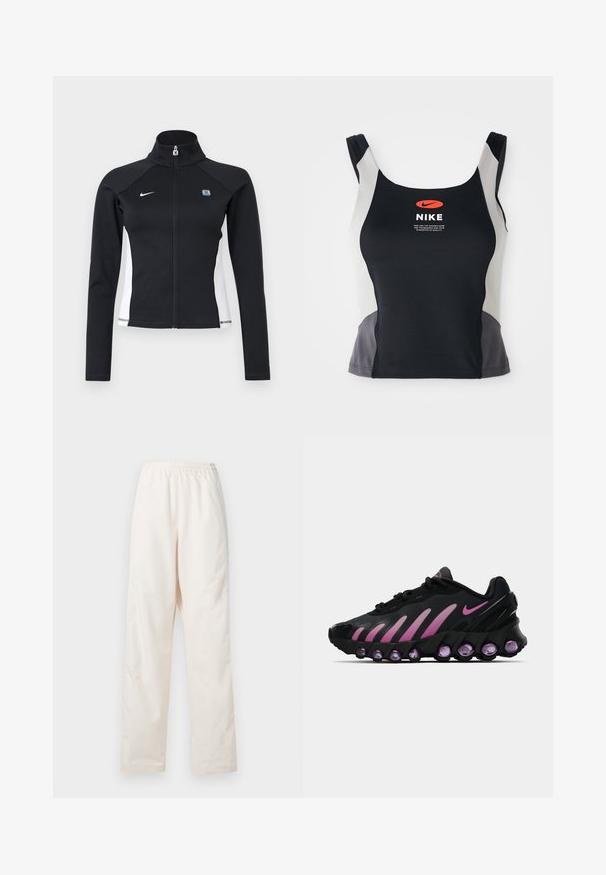Sort sportjakke med fuld lynlås, hvide sidelommer, lange ærmer, høj krave og Nike-logo på venstre bryst.; Sorte og grå atletisk tanktop med rund halsudskæring, smalle stropper og et centralt orange Nike-logo trykt på forsiden.; Løse, cremefarvede bukser med elastisk talje og lige ben, vist mod en ensfarvet hvid baggrund.; Sorte og lyserøde Nike sneakers med en mesh-overdel, buet design og rund lilla dæmpning i sålen og på siderne.