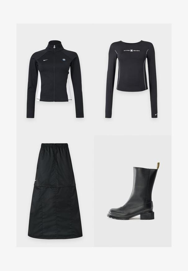 Čierna športová bunda na zips s bielymi bočnými panelmi, dlhými rukávmi, vysokým golierom a logom Nike na ľavej strane hrudníka.; Čierne športové tričko s dlhým rukávom, okrúhlym výstrihom, úzkym strihom, bielym kontrastným šitím a logom "NIKE SHOX" v strede.; Čierna športová sukňa vyrobená z ľahkej, hladkej nylonovej tkaniny. Má elastický pás a jednoduchý, dlhý, áčkový strih.; Čierne kožené členkové topánky s blokovým podpätkom, hladkou textúrou, zaoblenou špičkou a sťahovacím pútkom s žltým brandingom.