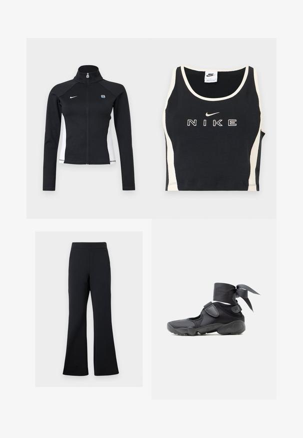 Sort sportjakke med fuld lynlås, hvide sidelommer, lange ærmer, høj krave og Nike-logo på venstre bryst.; Sort ærmeløs crop top med hvidt kantbånd og sidepaneler, med hvid Nike-tekst og swoosh-logo centreret foran.; Sorte flared bukser lavet af blødt stof med elastisk talje og en diskret sidelomme, der har en glat tekstur og minimalistisk design.; Sort atletiksko med udskæringer, velcrolukninger og ankelrem bundet i en sløjfe, vist fra siden på en hvid baggrund.