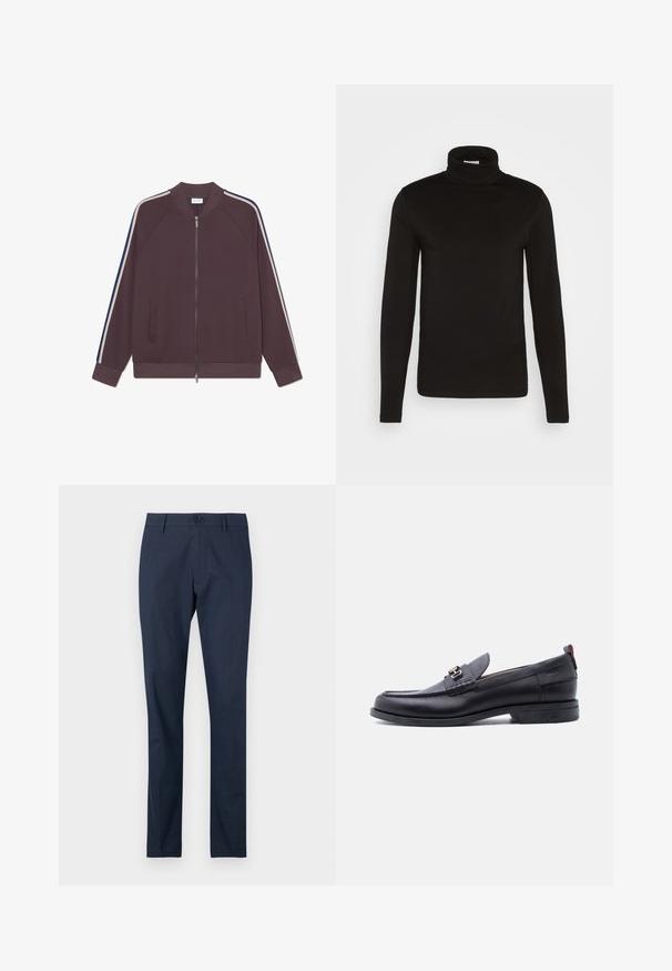 Bordeaux sweatjakke med fuld lynlås, raglanærmer, sidelommer og kontrasterende striber i beige og blå langs skuldrene.; Sort turtleneck langærmet skjorte lavet af et glat stof med en tætsiddende design og en høj, tætsiddende krave. Ingen mønstre eller accenter synlige.; Mørkeblå bukser med flad front, lige ben-design og enkelt knaplukning i taljen. Glat stof uden synlige mønstre.; Sort lædermokasin med grå tekstureret forfod, sølvfarvet metalspænde, lav hæl og trækflap bagpå.