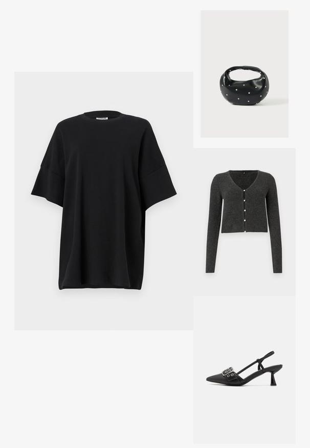 Dunkelgraue gerippte Strickjacke mit langen Ärmeln, V-Ausschnitt und sechs dekorativen Perlenknöpfen auf der Vorderseite. Kürzere Länge.; Schwarz oversized T-Shirt aus Baumwolle, mit Rundhalsausschnitt und kurzen, weiten Ärmeln, die eine glatte Textur und einen entspannten Schnitt bieten.; Simmi London DALA - Pumps - black; Schwarze Lederhandtasche mit abgerundeter Form, verziert mit silbernen Nietenakzenten und kurzem Griff. Glatte Struktur und Reißverschlussverschluss.