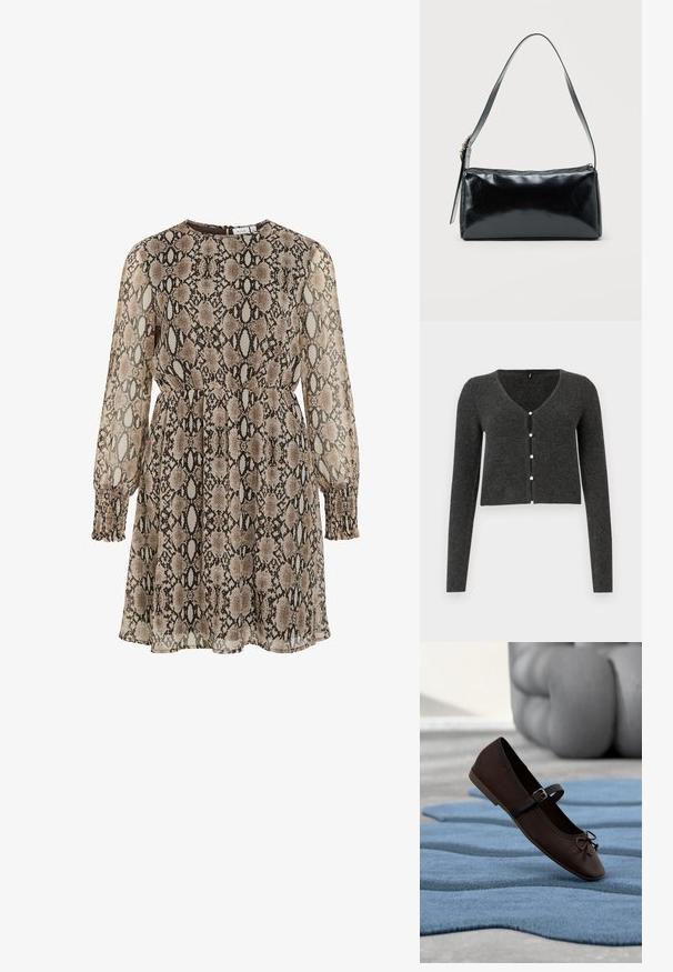 Mørkegrå ribbet cardigan med lange ærmer, V-udskæring og seks dekorative perleknapper foran. Croppet længde.; Brun og cremet slangeprint kjole, gennemsigtigt stof, lange ærmer med smockede manchetter, tætsiddende talje og rund halsudskæring med lukning i ryggen.; Mørkebrun Mary Jane-flad sko med spænde og sløjfedetalje, der hviler på en bølget blå tekstureret tæppe med grå polstret sofa i baggrunden.; Sort rektangulær skuldertaske med en enkelt justerbar rem og lynlås i toppen på en ensfarvet baggrund.