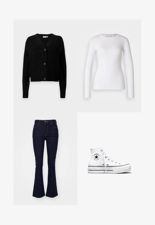 Cardigan en tricot côtelé noir avec un col en V, des manches longues et cinq boutons à l'avant. Texture douce avec une coupe cropped.; Chemise blanche à manches longues en tissu côtelé, avec un col rond et une coupe cintrée. Aucun motif ni accent présent.; Jean en denim bleu foncé évasé, avec une taille haute, un design à cinq poches et des coutures orange contrastantes le long des coutures.; Baskets montantes blanches Converse Chuck Taylor All Star avec patch logo noir et lacets blancs, présentées sur fond blanc.