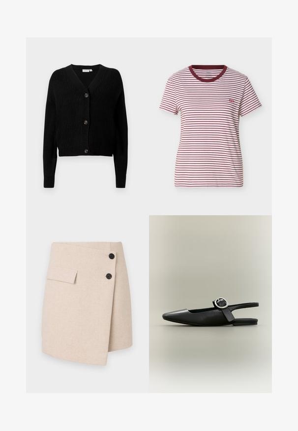 Sort ribbet strik cardigan med V-hals, lange ærmer og fem knaplukninger foran. Blød tekstur med cropped fit.; Kortærmet T-shirt med rund hals, horisontale hvide og mørkerøde striber samt et lille rødt Levi's-logo på venstre bryst.; Beige indpakningsskørt i et tekstureret stof, med en sidelomme, to sorte knapper og en let buet kant.; Sort spids flat slingback-sko med sølv spænde og lav hæl på en neutral baggrund.