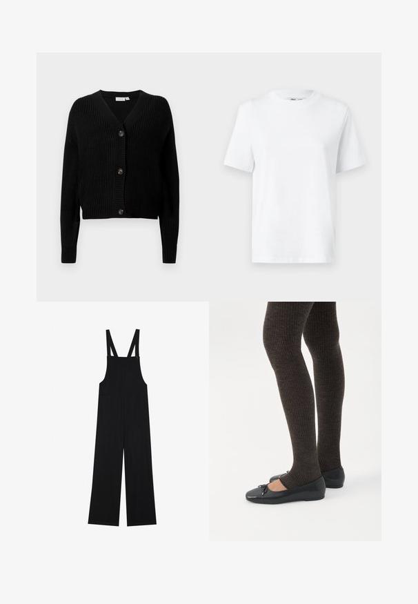 Cardigan en tricot côtelé noir avec un col en V, des manches longues et cinq boutons à l'avant. Texture douce avec une coupe cropped.; T-shirt en coton blanc à col rond, avec des manches courtes et une texture lisse. Conçu avec une coupe décontractée pour plus de confort et de polyvalence.; Salopette noire en tissu doux, avec jambes larges, deux poches avant et bretelles ajustables avec des boutons.; Jambes portant des leggings côtelés foncés associés à des ballerines noires avec de petits détails en nœud sur fond blanc.