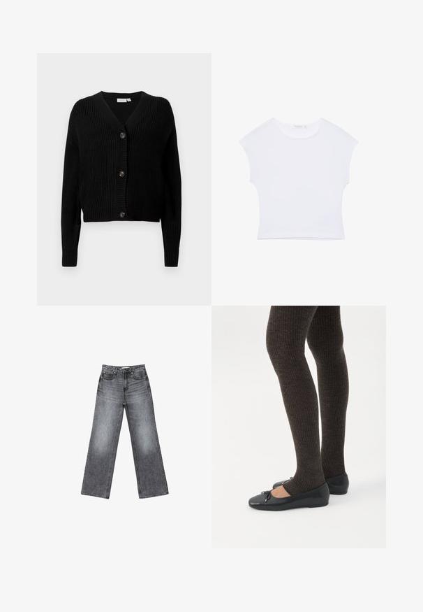 Sort ribbet strik cardigan med V-hals, lange ærmer og fem knaplukninger foran. Blød tekstur med cropped fit.; Hvid kortærmet cropped T-shirt med rund halsudskæring, lavet af glat stof, lagt fladt på en hvid baggrund.; Bredde ben mørkegrå denimjeans med en falmet finish, fem lommer, en knaplukning og subtile sømdetaljer langs sømmene.; Ben iført mørke ribbede leggings kombineret med sorte balletsko med små sløjfedetaljer på hvid baggrund.