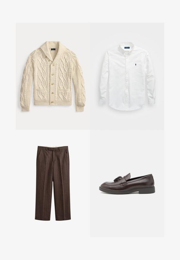 Cardigan couleur crème en maille torsadée avec col châle, boutonnage devant et deux poches avant, posé à plat sur un fond blanc.; Chemise blanche à manches longues en coton. Dotée d'un col pointu, de longues manches et d'un petit logo navy sur la poitrine. Texture lisse.; Pantalon marron à fines rayures, confectionné sur mesure, avec passants de ceinture, poches latérales et fermeture éclaire à l'avant.; Mocassins en cuir marron avec un bout arrondi, un gland décoratif, des coutures raffinées et un petit talon en caoutchouc pour un confort supplémentaire.