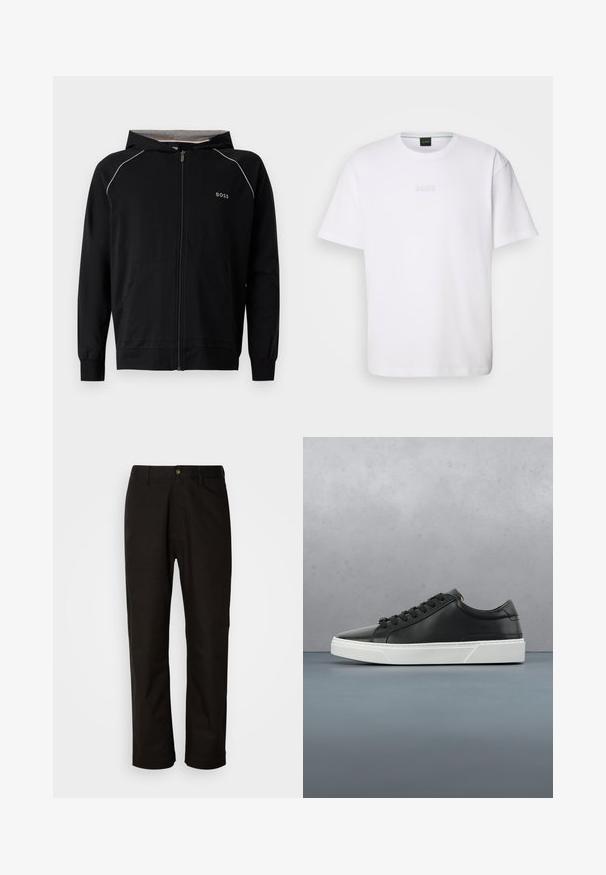 Schwarzer Kapuzenpullover mit durchgehendem Reißverschluss, langen Ärmeln, hellgrauem Futter, kleinem "BOSS"-Logo auf der Brust und vorderen Taschen.; Weißes Baumwoll-T-Shirt mit kurzen Ärmeln, rundem Ausschnitt und geprägtem "BOSS"-Logo auf der Brust. Glatte Textur, normale Passform.; Schwarze Baumwollhosen mit geradem Schnitt, Gürtelschlaufen, einem Reißverschluss vorne und einem einzelnen Knopfverschluss. Glatte Textur ohne sichtbare Muster.; Schwarze Leder-Sneaker mit runder Zehenpartie, strukturiertem Obermaterial, weißer Gummisohle und schwarzen Schnürsenkeln. Minimalistisches Design mit schlankem Profil.