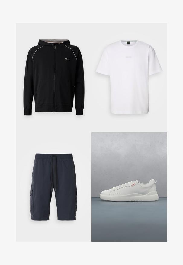 Sudadera negra con capucha y cremallera completa, mangas largas, forro gris claro, pequeño logo "BOSS" en el pecho y bolsillos delanteros.; Camiseta de algodón blanca de manga corta, con escote redondo y logotipo grabado de "BOSS" en el pecho. Textura suave, ajuste estándar.; Pantalones cortos de carga de color navy con cintura elástica, cordón en la parte frontal, bolsillos laterales y textura suave. Tejido duradero adecuado para un uso casual.; Zapatilla blanca con un acabado de cuero liso, punta redonda, cuatro ojales, perforaciones sutiles y un detalle de logo rojo en el lateral.