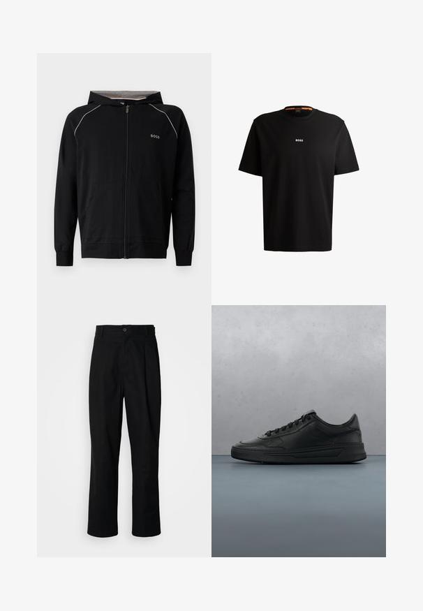 Schwarzer Kapuzenpullover mit durchgehendem Reißverschluss, langen Ärmeln, hellgrauem Futter, kleinem "BOSS"-Logo auf der Brust und vorderen Taschen.; Schwarzes Baumwoll-T-Shirt mit rundem Ausschnitt, kurzen Ärmeln und weißem „BOSS“-Logo, das in der Mitte der Brust platziert ist. Sanfte Textur, lässige Passform.; Schwarze gerade geschnittene Hosen mit einem Knopfverschluss, Gürtelschlaufen und Vorderfalten, vor einem schlichten weißen Hintergrund präsentiert.; Schwarze Sneaker mit glattem Lederobermaterial, runder Zehenpartie, flachen Schnürsenkeln, gepolstertem Kragen und minimalistischem Design. Gummisohle mit subtiler Profilierung.
