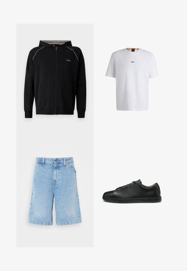 Sort hættetrøje med fuld lynlås, lange ærmer, lys grå foring, lille "BOSS"-logo på brystet og forlommer.; Hvid bomuld T-shirt med korte ærmer, med et sort "BOSS" logo centreret på brystet og en rund halsudskæring.; Lysblå denim shorts med lige snit, der har fem lommer, en frontlås med knap og subtil afblegning over stoffet.; Sort lavtopet sneakers i læder med minimal syning, afrundet tå og flad gummisål, vist i sideprofil på hvid baggrund.
