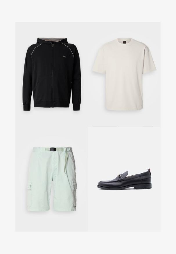 Sudadera negra con capucha y cremallera completa, mangas largas, forro gris claro, pequeño logo "BOSS" en el pecho y bolsillos delanteros.; Camiseta de manga corta y cuello redondo en algodón color blanco roto, con un corte recto y un logo minimalista en el cuello. Textura suave, sin patrones.; Pantalones cortos cargo verde claro fabricados con un tejido ligero, que cuentan con un cinturón, bolsillos laterales y un corte relajado.; Mocasín de cuero negro con empeine gris texturizado, detalle de hebilla metálica plateada, tacón bajo y lengüeta para tirar en la parte trasera.