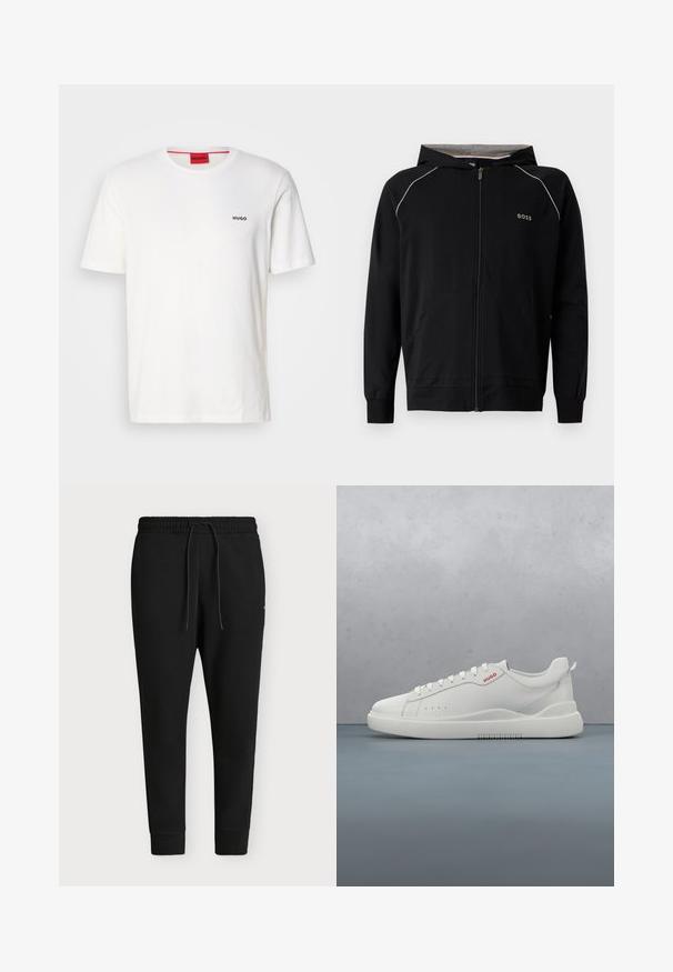 Sudadera negra con capucha y cremallera completa, mangas largas, forro gris claro, pequeño logo "BOSS" en el pecho y bolsillos delanteros.; Camiseta de algodón blanca de cuello redondo y mangas cortas, con un pequeño logo negro "HUGO" en el lado izquierdo del pecho y una etiqueta roja de contraste en el interior.; Pantalón jogger negro con cinturilla elástica, cordón ajustable, tobillos ajustados y corte holgado, presentado sobre un fondo liso.; Zapatilla blanca con un acabado de cuero liso, punta redonda, cuatro ojales, perforaciones sutiles y un detalle de logo rojo en el lateral.