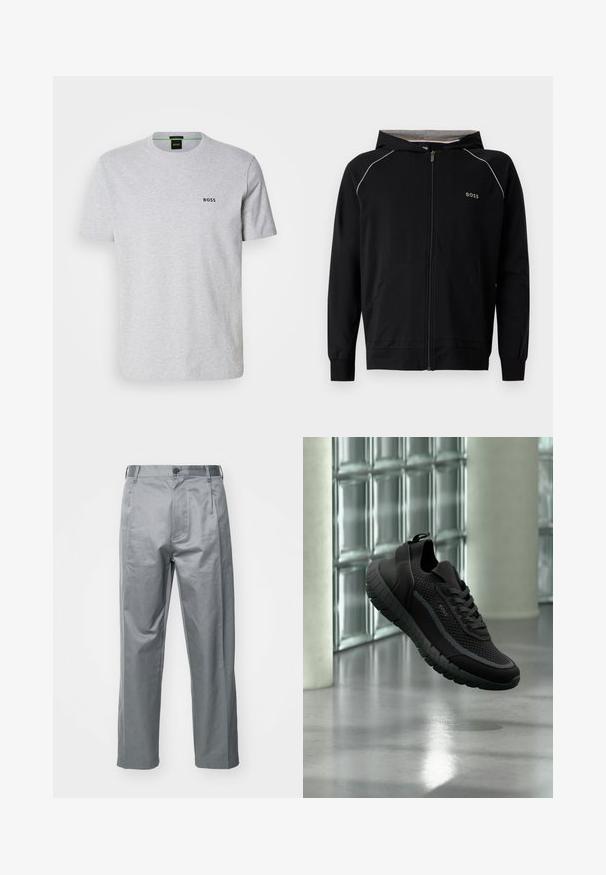 Sort hættetrøje med fuld lynlås, lange ærmer, lys grå foring, lille "BOSS"-logo på brystet og forlommer.; Grå bomulds t-shirt med rund halsudskæring, korte ærmer og et lille sort "BOSS" logo på brystet. Glat tekstur, afslappet design.; Grå bomuldsblandede bukser med lige ben-design, der har en frontknaplukning, bæltestropper og sidelommer.; Sort strikket sneaker med tyk mønstret sål og snørebånd, mærket "BOSS", svævende indendørs nær glasblokvæg og betongulv.