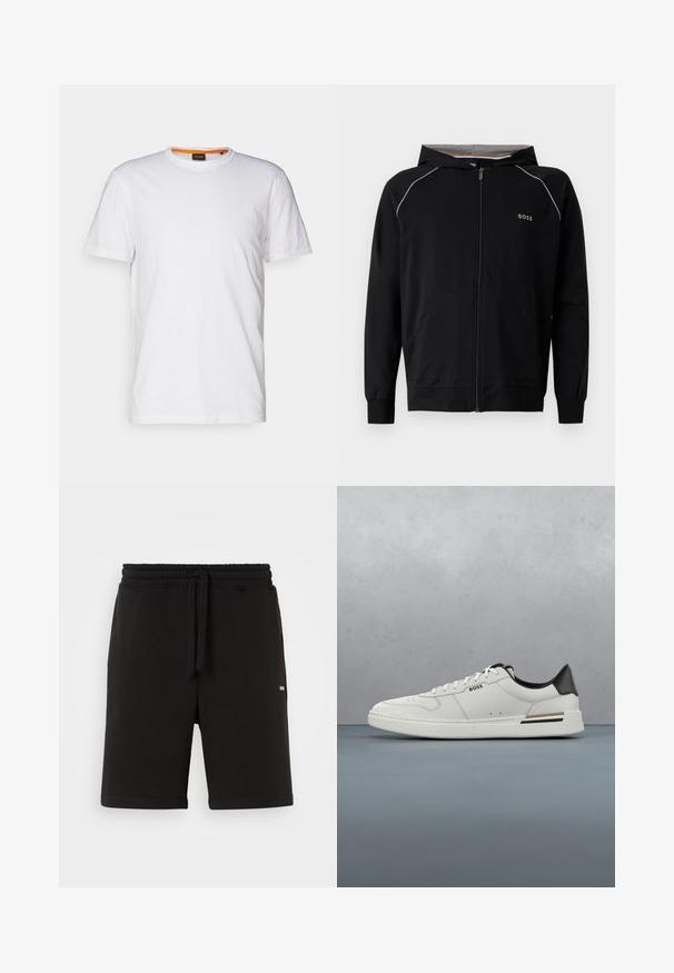 Sort hættetrøje med fuld lynlås, lange ærmer, lys grå foring, lille "BOSS"-logo på brystet og forlommer.; Hvid bomulds T-shirt med rund hals, korte ærmer og et subtilt præget logo på brystet. Indvendigt mærke har en orange detalje.; Sorte bomulds shorts med elastisk talje og snøre. Har sidelommer og et lille logo foran. Glat tekstur.; Hvide lavtoppede sneakers med sort hæl, snørebånds lukning, subtile perforeringer og "BOSS" logo på siden, vist fra ydersiden i profil.