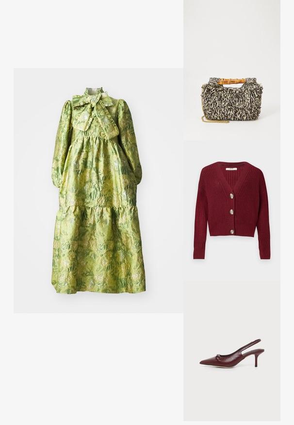 Vinrød strikket cardigan med V-hals, lange ærmer, ribbede manchetter og tre store runde knapper foran.; Grøn langærmet kjole med høj krave, lagdelt design og en tekstureret blomstermønster. Indeholder en stor sløjfe ved halsudskæringen.; Bourgogne læder slingback pumpe med spids tå, lav stilet hæl og lille knudedetalje foran, vist på ensfarvet baggrund.; Vævet taske med et struktureret sort og creme mønster, bambushåndtag og en aftagelig guldkæde-strop. Kompakt rektangulær form.