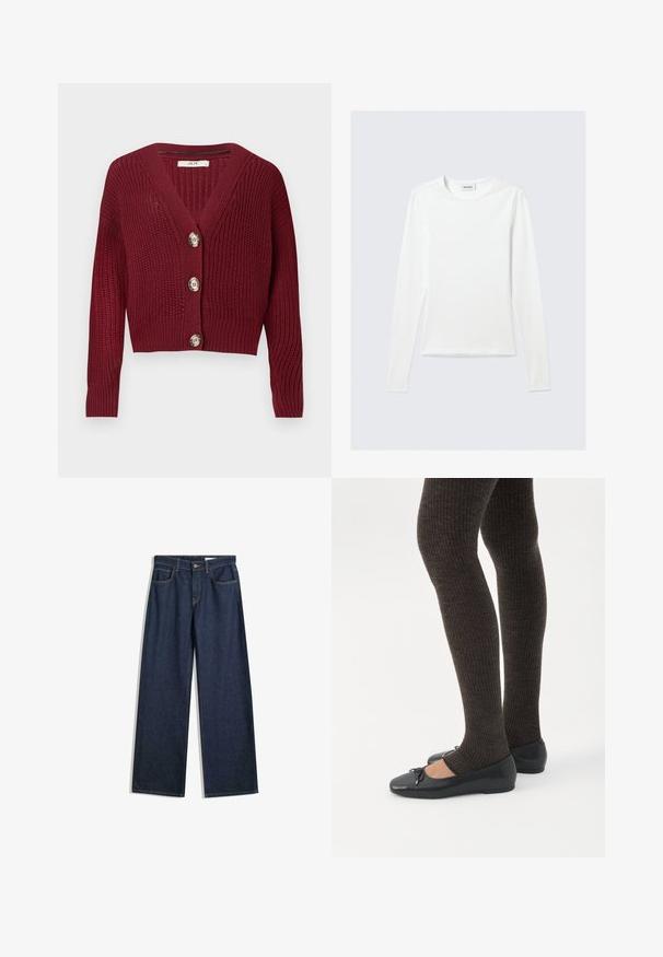 Cardigan en maille bordeaux avec col en V, manches longues, poignets côtelés et trois gros boutons ronds sur le devant.; T-shirt blanc uni à manches longues avec col rond et coupe slim, présenté sur un fond gris clair.; Jean en denim sombre à jambes larges avec cinq poches, coutures visibles et fermeture à bouton. Présente une coupe droite et un léger effet vieilli.; Jambes portant des leggings côtelés foncés associés à des ballerines noires avec de petits détails en nœud sur fond blanc.