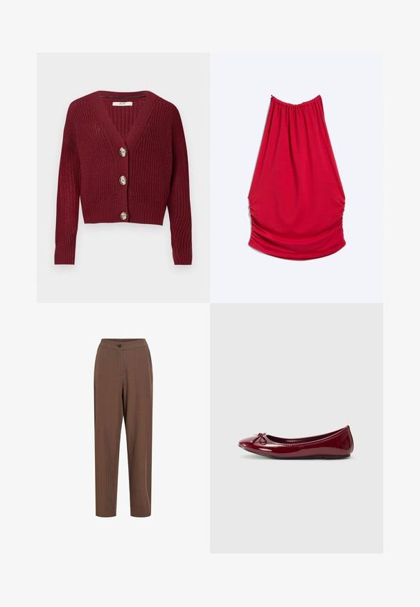 Cardigan en maille bordeaux avec col en V, manches longues, poignets côtelés et trois gros boutons ronds sur le devant.; Robe rouge sans manches à col licou avec côtés froncés et encolure froncée, présentée sur un fond clair uni.; Pantalon marron à fines rayures, taillé sur mesure, avec bouton sur le devant et ourlet retroussé sur fond blanc.; Ballerines en vernis bordeaux brillant, avec un bout arrondi et un petit nœud sur le devant. Texture lisse, petit talon.