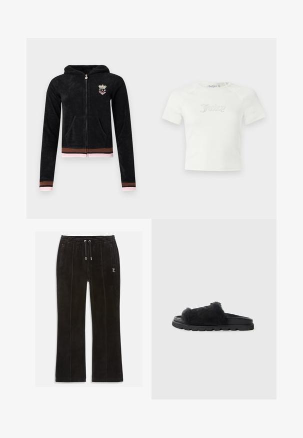 Schwarzer Kapuzenpullover mit Reißverschluss und Fronttaschen, pink- und braun gestreifte Bündchen und Saum sowie kleinem Krone- und Herz-Emblem auf der Brust.; Weißes kurzärmeliges Crop-T-Shirt mit "Juicy" aus Strasssteinen zentriert auf der Brust und Rundhalsausschnitt.; Schwarze Samt-Sweatpants mit weicher Textur, ausgestattet mit einem elastischen Taillenbund mit Zugband und zwei Seitentaschen. Dezentes Logo-Detail vorhanden.; Schwarze Slide-Sandalen mit einem weichen Kunstfell-Obermaterial, Wildleder-Riemen und einer strukturierten Gummisohle mit grobem Profil.