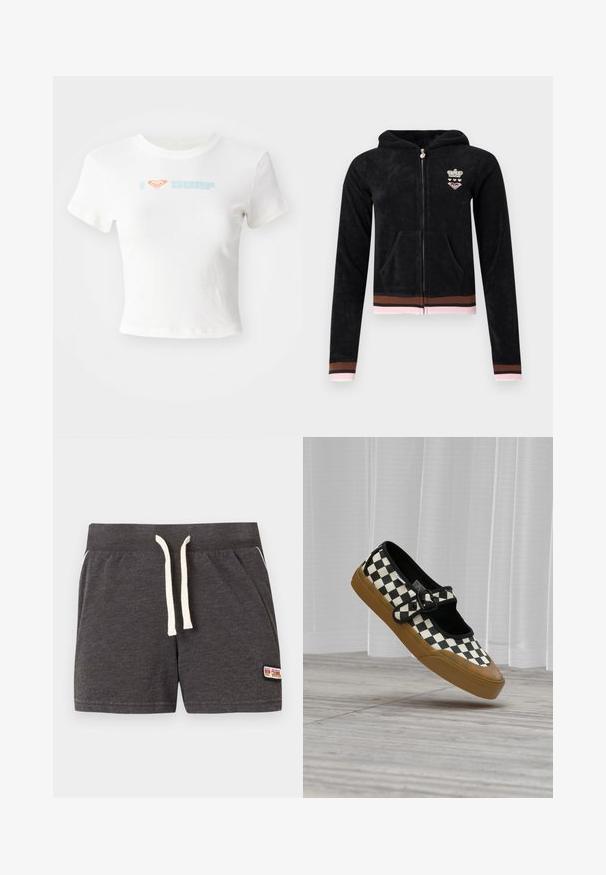 Zwarte hoodie met rits, voorzakken, roze en bruine gestreepte boorden en zoom, en een klein kroontje en hartenembleem op de borst.; Witte cropped T-shirt van katoen, met een oranje hartje en "SURF" in lichtblauwe print op de voorkant. Korte mouwen, ronde hals.; Donkergrijze gebreide shorts met witte trekkoord, elastische tailleband, zijzakken en een kleine Rip Curl-logo patch aan het rechteronderbeen.; Zwart-wit geruite Mary Jane sneaker met bruine rubberen zool, zwarte gesp, zwevend boven een lichte houten vloer en witte gordijnen.