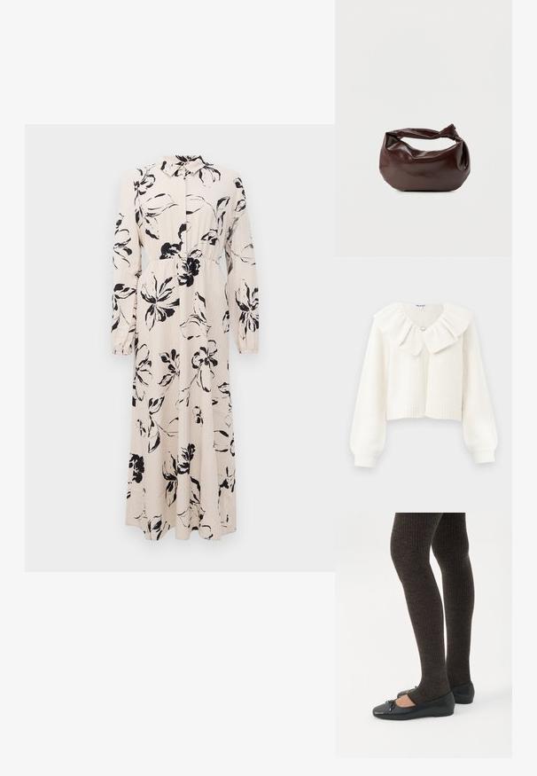 Hvid cropped cardigan med ribstrikkede manchetter og kant, der har en stor flæset krave og en dekorativ sølvknap ved halsen.; Lang beige kjole med sort blomstret tryk, lange ærmer, samlet talje og krave med knaplukning foran.; Ben iført mørke ribbede leggings kombineret med sorte balletsko med små sløjfedetaljer på hvid baggrund.; Mørkebrun læder skuldertaske med en blød, afslappet form og et snoet knudehåndtag på en ensartet hvid baggrund.