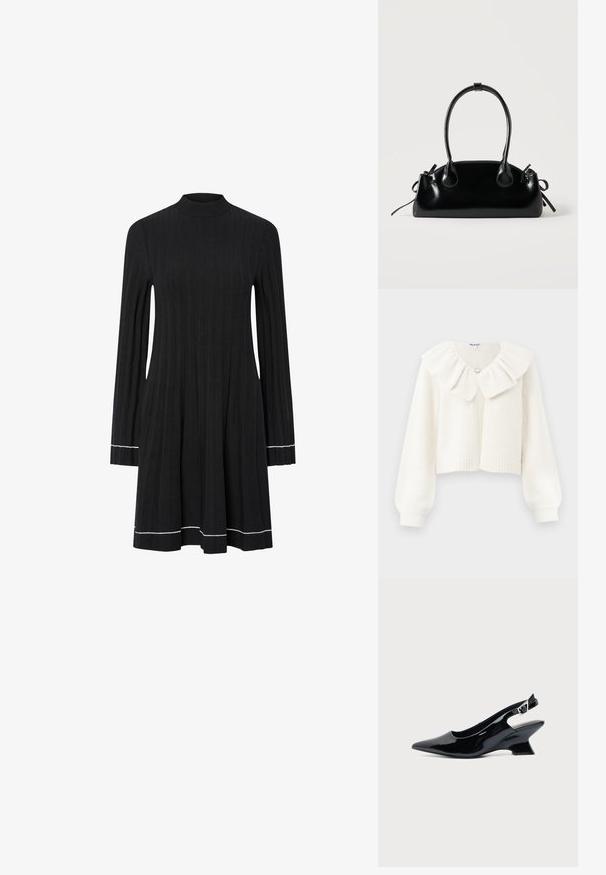Hvid cropped cardigan med ribstrikkede manchetter og kant, der har en stor flæset krave og en dekorativ sølvknap ved halsen.; Sort ribbet striklangærmet kjole med høj hals og hvide kantdetaljer på ærmer og kant.; Sort laklæder slingback sko med spids tå og lav vinklet blokhæl på ensartet lys baggrund.; Lille sort blank håndtaske med to lange håndtag og snøre-detaljer i siden på en ensfarvet lys baggrund.