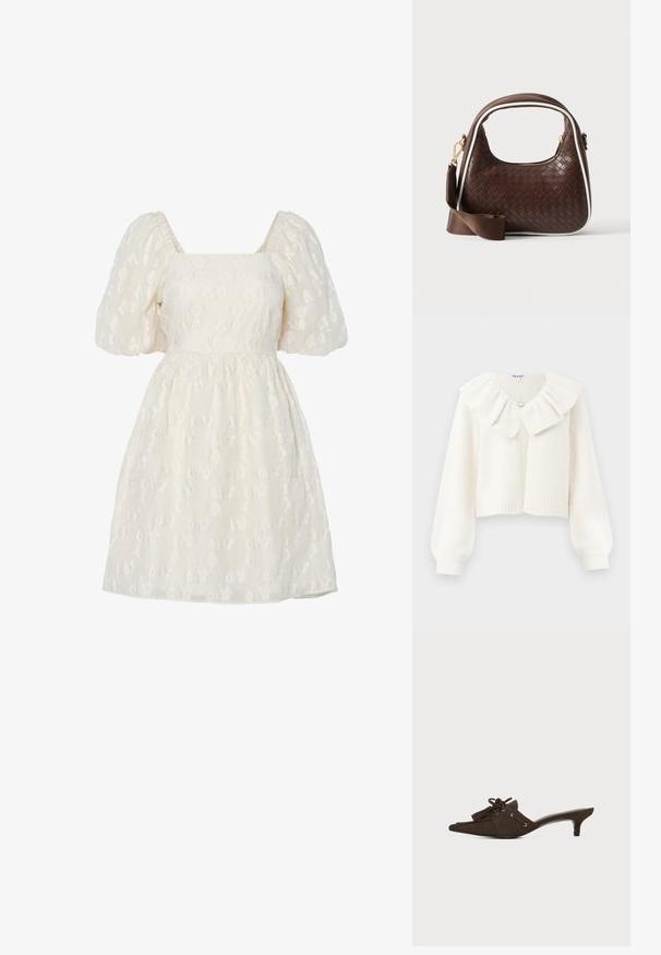 Hvid cropped cardigan med ribstrikkede manchetter og kant, der har en stor flæset krave og en dekorativ sølvknap ved halsen.; Hvid kjole med pufærmer og firkantet uddybning, der har tekstureret blomsterbroderi og en sammensnøret talje, lavet af letvægtsstof.; Brun ruskind mule-sko med spids tå, lav kittenhæl, snøring med sløjfe og kvastdetaljer på hvid baggrund.; Brun vævet læderhåndtaske med hvid piping, guldfarvet lynlås og aftagelig brun stofskulderrem.