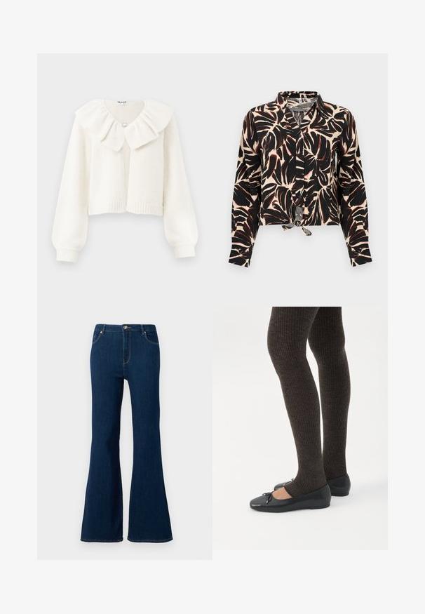 Hvid cropped cardigan med ribstrikkede manchetter og kant, der har en stor flæset krave og en dekorativ sølvknap ved halsen.; Langærmet skjorte med knapper, sort og brun bladmønster på beige baggrund, med et bindebånd foran i kanten.; Mørkeblå jeans med udvidet ben, lavet af denim. Funktioner inkluderer frontlukning med knap, femlommeredesign og syede detaljer på lommerne.; Ben iført mørke ribbede leggings kombineret med sorte balletsko med små sløjfedetaljer på hvid baggrund.