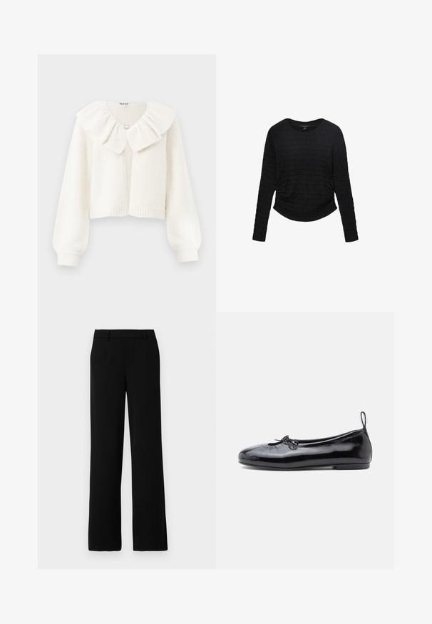 Cardigan blanc court avec des poignets et un ourlet côtelés, doté d'un grand col froncé et d'un bouton argent décoratif au niveau du col.; Chemise noire à manches longues en tissu texturé avec un col rond et des détails froncés à la taille, dotée d'un ourlet légèrement courbé.; Pantalons larges noirs en tissu lisse, avec une taille plate, deux poches latérales et une ceinture ajustée pour un look raffiné.; Ballerine en cuir verni noir avec un bout rond, un petit nœud décoratif et une texture lisse ; présente une semelle plate basse et une languette au talon.