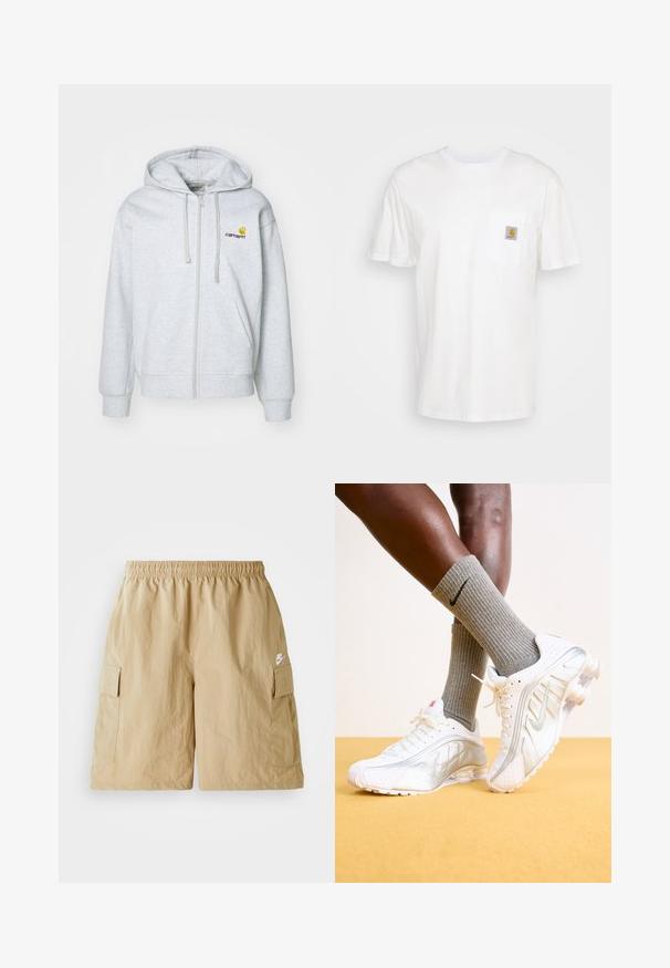 Hellgraue Kapuzenjacke mit Reißverschluss, Kordelzug, gerippten Bündchen und Taschen. Merkmale ein kleines gesticktes Logo auf der Brust. Weicher Stoff.; Weißes Baumwoll-T-Shirt mit kurzen Ärmeln, einer Brusttasche und einem kleinen quadratischen Logopatch in Orange und Weiß auf der Tasche.; Beige Cargo-Shorts mit elastischem Bund, Seitentaschen und kleinem weißen Nike-Logo. Leichter Stoff mit zerknitterter Textur.; Nike-Sneaker in Weiß mit silbernen Akzenten, ausgestattet mit strukturierten Paneelen und Perforationen. Kombiniert mit grauen gerippten Socken, vor einem gelben Hintergrund.