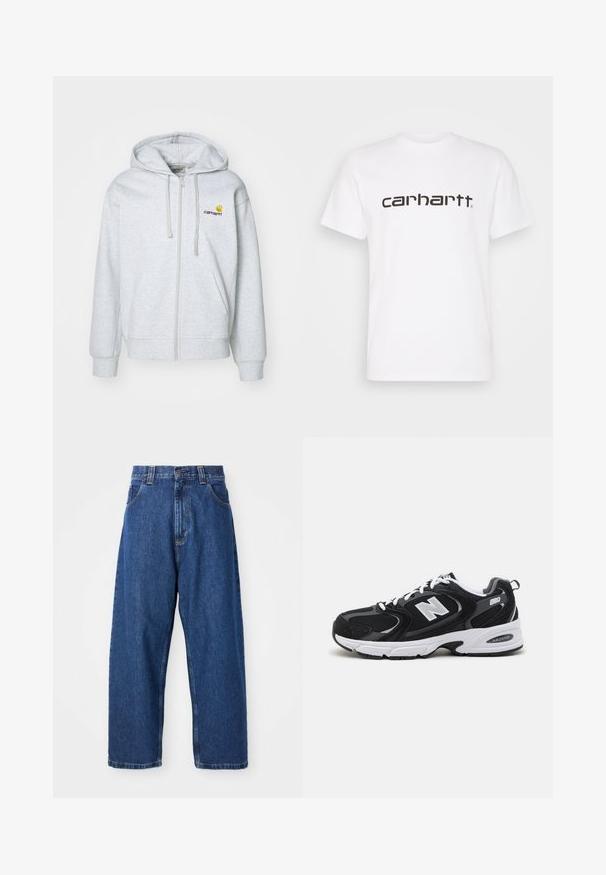 Lichtgrijze zip-up hoodie met een capuchon met trekkoord, ribgebreide manchetten en zakken. Bevat een klein geborduurd logo op de borst. Zachte stof.; Witte katoenen t-shirt met korte mouwen en ronde hals. Voorzien van een groot "carhartt" logo in donkerbruin over de borst.; Denim wijde broek in donkerblauw. Kenmerken zijn een hoge taille, riemlussen en een klassiek vijf-pocket ontwerp. Gestikte zoom met een schone afwerking.; Zwarte en grijze sport schoenen met een bovenwerk van mesh en suede, voorzien van een witte tussenzool, veters en een gedurfde "N"-logo aan de zijkant.